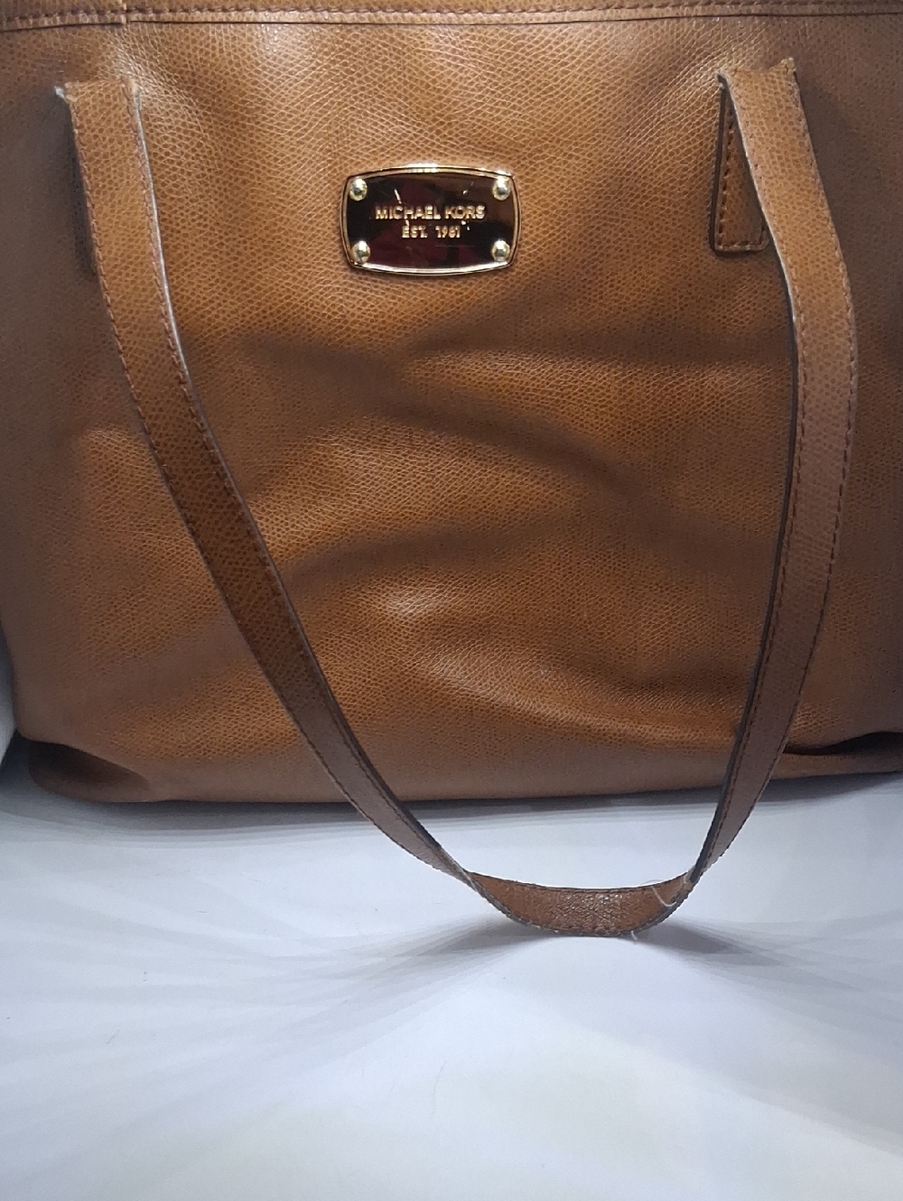 MICHAEL KORS Cognac Pebbled Leather Tote with Gold Plaque